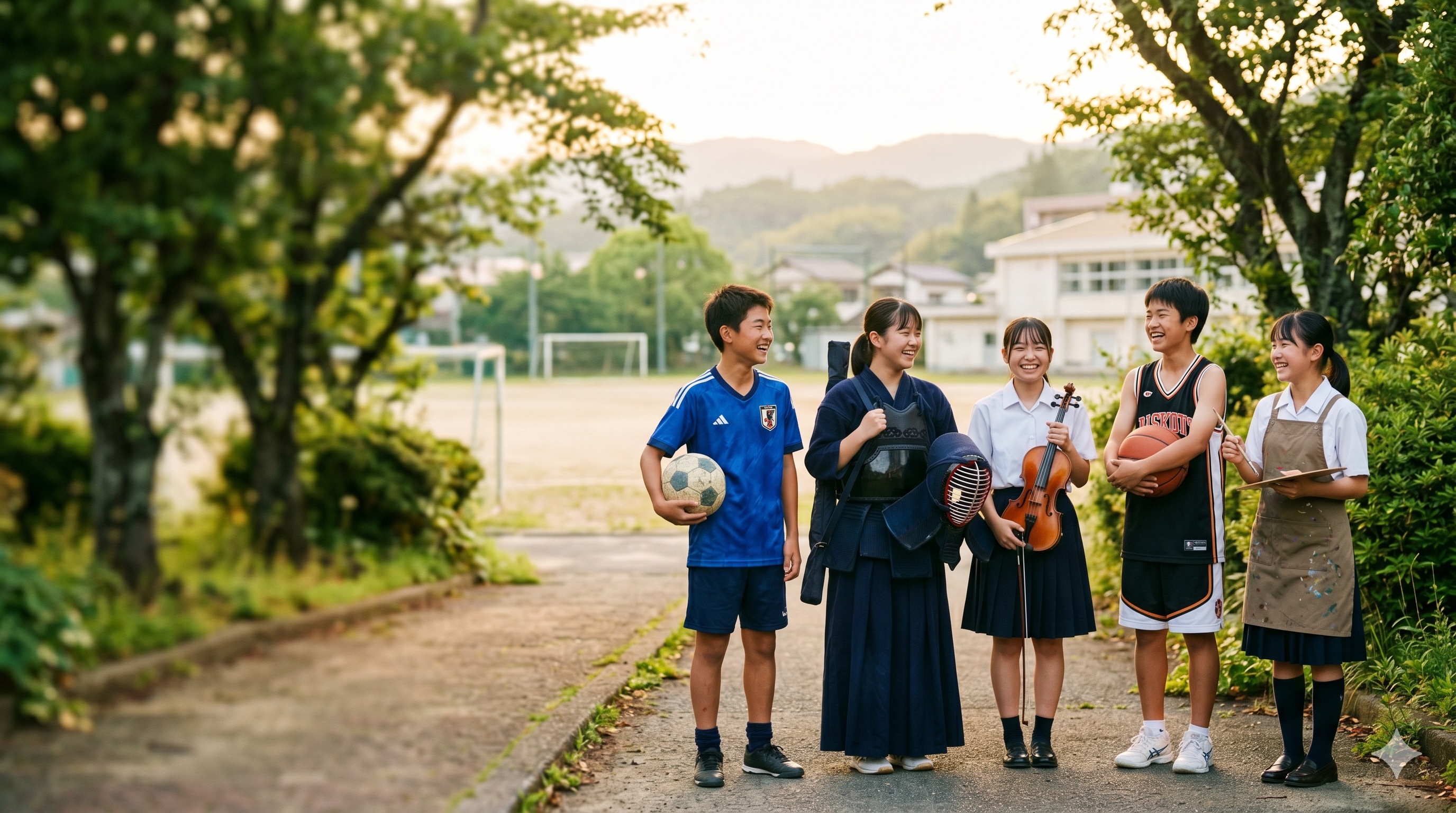 袋井の中学生たちが、スポーツ・文化活動それぞれの装いで並ぶ様子